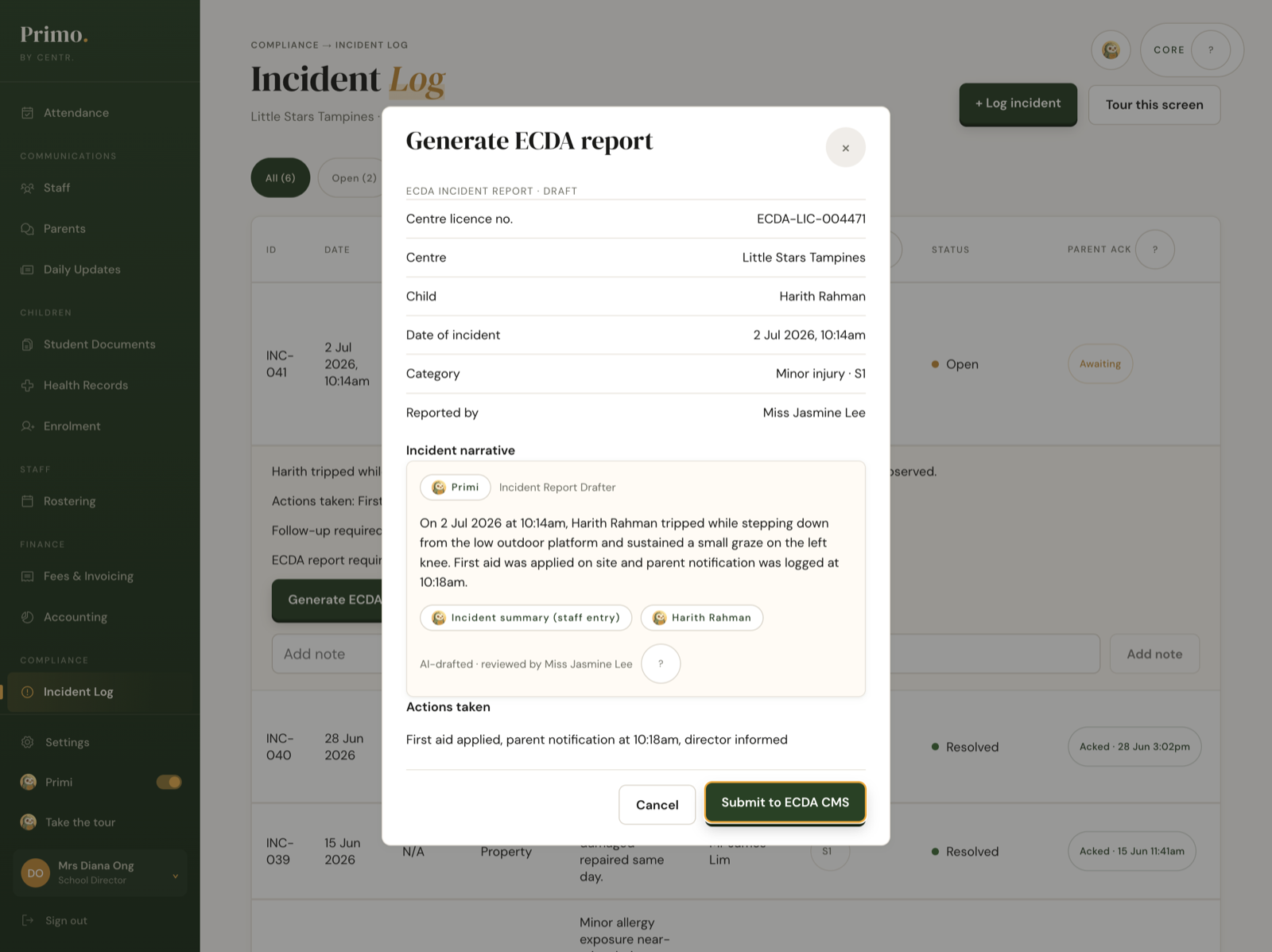 Primo Excellence — Incident Log, ECDA report generation