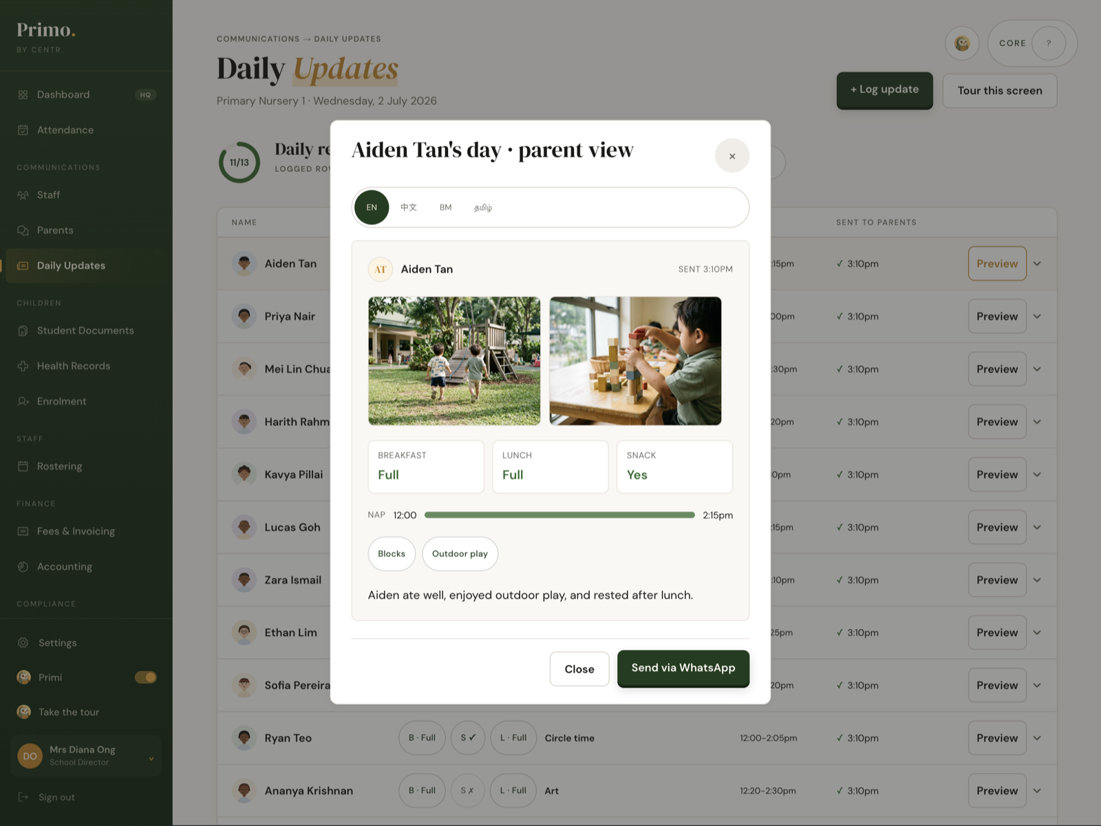 Primo Nurture — Daily Updates, parent view